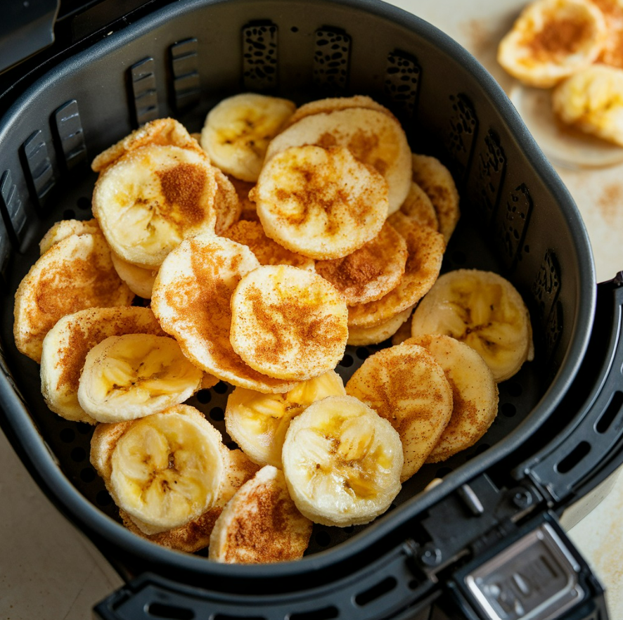 Banana slices arranged in air fryer basket ready to cook