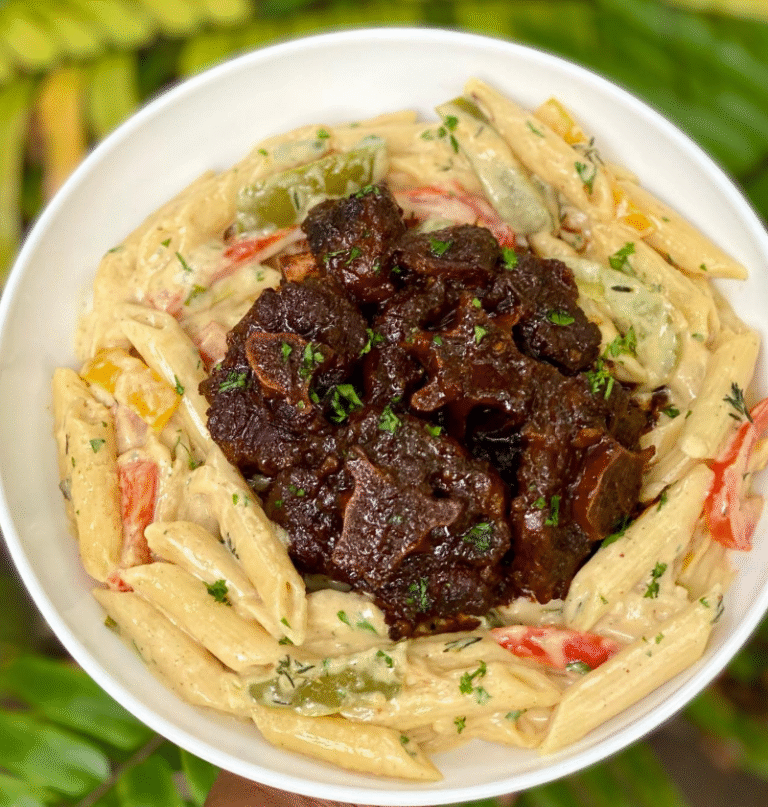 Elegant plated slow-braised oxtail pasta in white bowl with wine glass and crusty bread